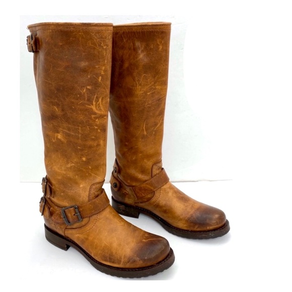 Frye Veronica Buckled Strap Back Zip High Top Riding Boot in Whiskey Tan - Picture 7 of 9